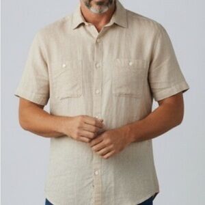 Bruno Sand Colored Linen Short Sleeved Button Up‎ Shirt, Men’s Small